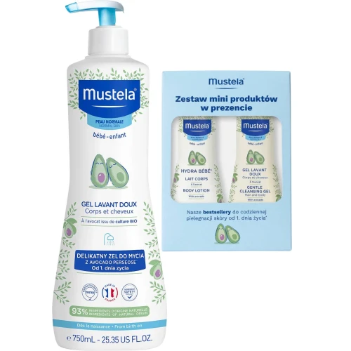 Mustela Delikatny żel do mycia 750 ml + zestaw mini produktów - Od 1. dnia życia pielęgnuje i oczyszcza skórę oraz włosy niemowląt