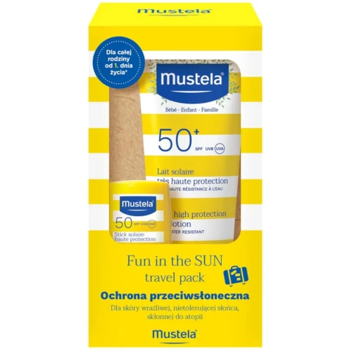 Mustela Sun Fun in The Sun Travel Pack SPF 50 Zestaw - Mleczko przeciwsłoneczne, 40 ml + Sztyft, 9 ml - Dla dzieci i całej rodziny