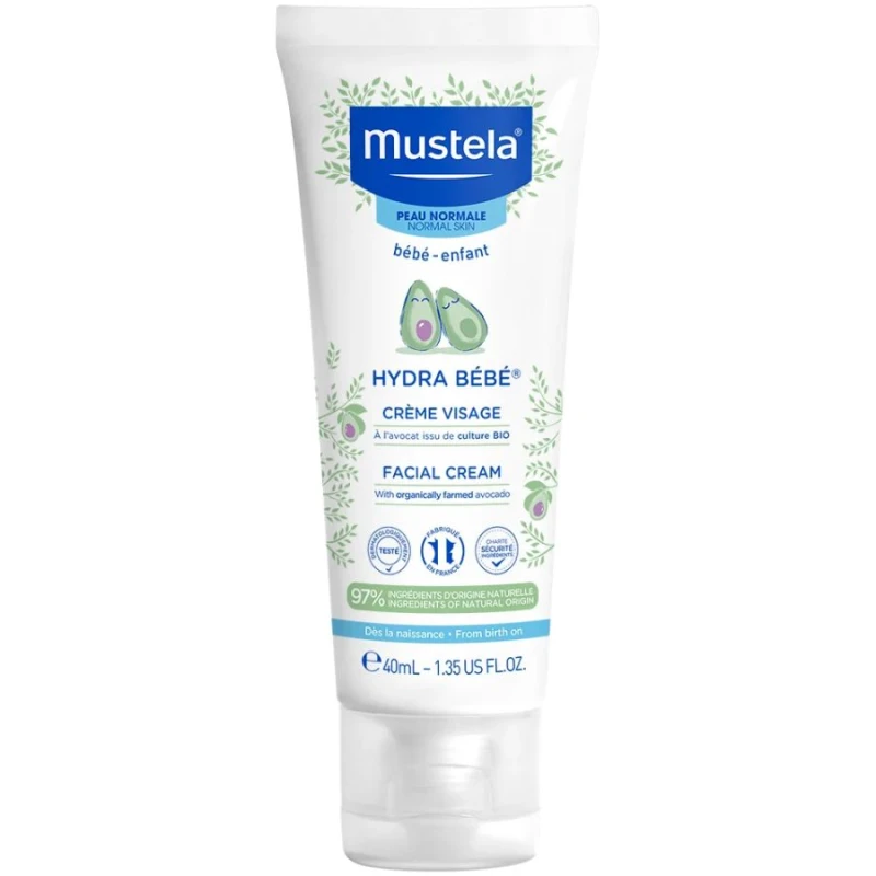 Mustela Hydra Bebe Krem do twarzy z organicznym awokado, 40 ml - Codzienna odżywcza porcja dla małej buźki