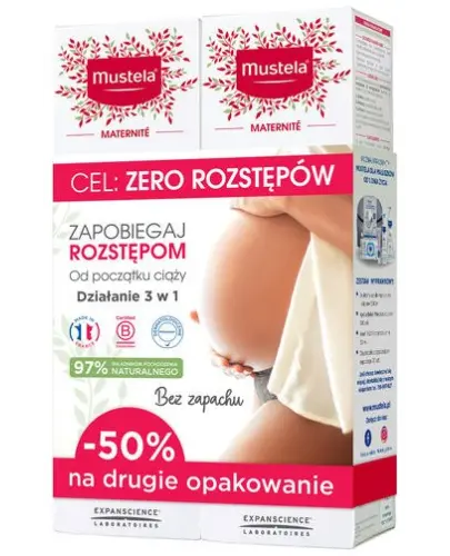 Mustela Maternite krem na rozstępy, 2 x 250 ml - Nawilża i łagodzi uczucie swędzenia skóry