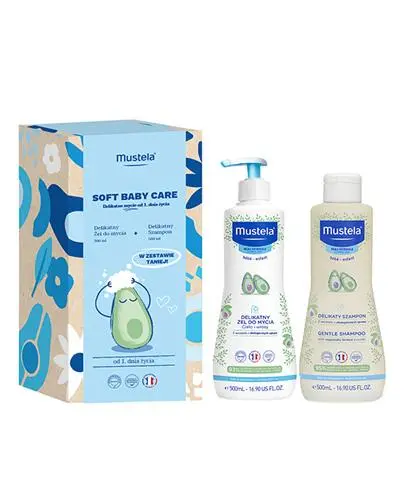 Mustela Soft Baby Care Delikatny żel do mycia, 500 ml + Delikatny szampon, 500 ml - Do codziennej higieny wrażliwej skóry dziecka