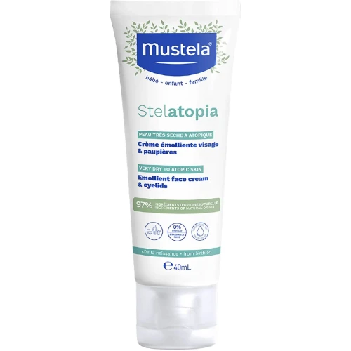 Mustela Stelatopia emolient do twarzy i na powieki, krem 40 ml - Łagodzi podrażnienia i zmniejsza uczucie swędzenia