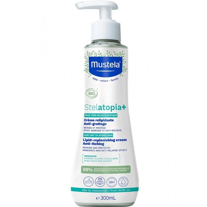 Mustela Stelatopia+ Krem uzupełniający lipidy, 300 ml - Przeciwświądowy krem do suchej i skłonnej do atopii skóry.