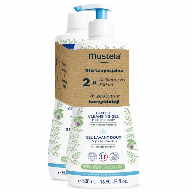 Mustela Delikatny żel do mycia z organicznym awokado, 2 x 500 ml - Dla dzieci i niemowląt od 1. dnia życia