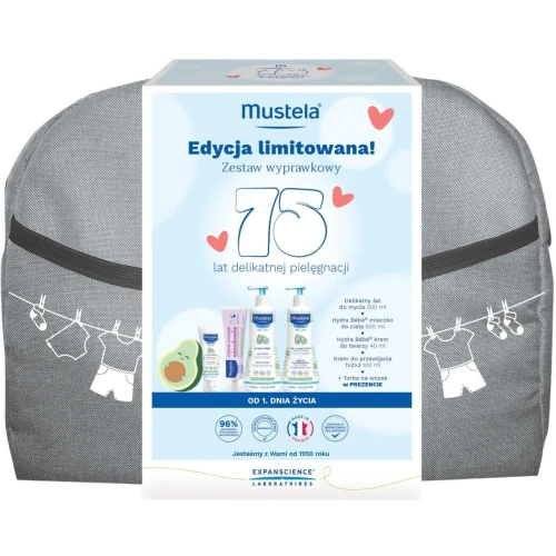 Mustela Zestaw wyprawkowy Edycja limitowana, 1 sztuka - Żel do mycia + mleczko do ciała + krem do twarzy + krem do przewijania + torba na wózek