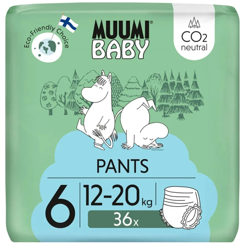 Muumi Baby Pants 6 Junior 12-20 kg Eko Pieluchomajtki, 36 sztuk - Bielone tlenem, pozbawione substancji alergizujących