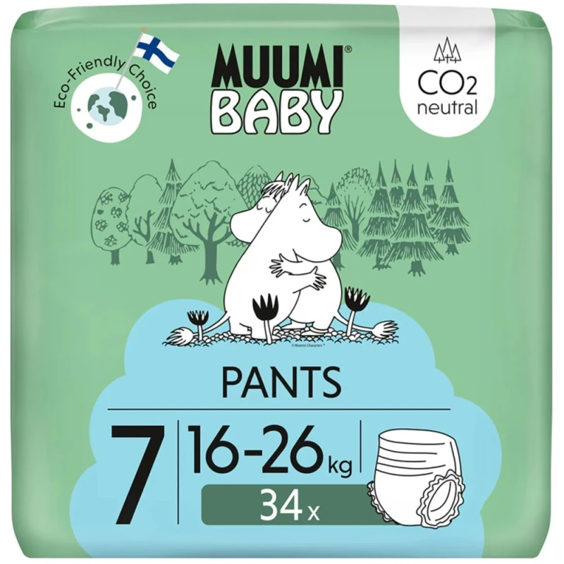 Muumi Baby Pants 7 XL 16-26 kg Eko Pieluchomajtki, 34 sztuki - Bez substancji alergizujących i zapachowych