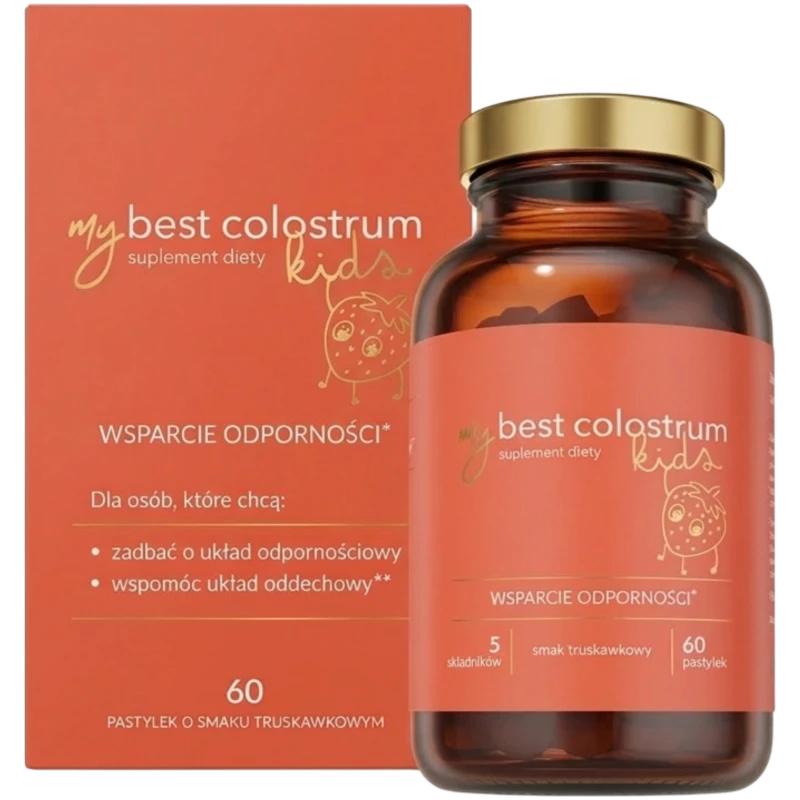 MyBest Colostrum Kids, smak truskawkowy, 60 pastylek - Colostrum do ssania z witaminą C, cynkiem i tymiankiem