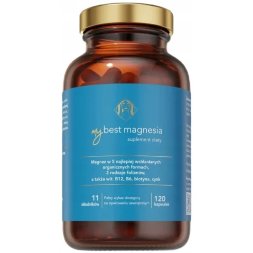 MyBest Magnesia, 120 kapsułek - 5 wchłanianych organicznych form magnezu, 2 rodzaje folianów
