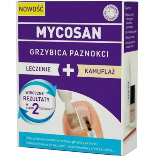 Mycosan Grzybica paznokci, leczenie + kamuflaż, 5 ml + 8 ml - Zestaw: serum do paznokci leczy +  lakier, który maskuje przebarwienia spowodowane grzybicą