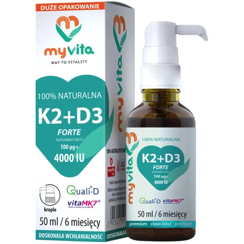 MyVita K2 + D3 Forte, krople 50 ml - Witaminy rozpuszczone w oliwie z oliwek extra virgin