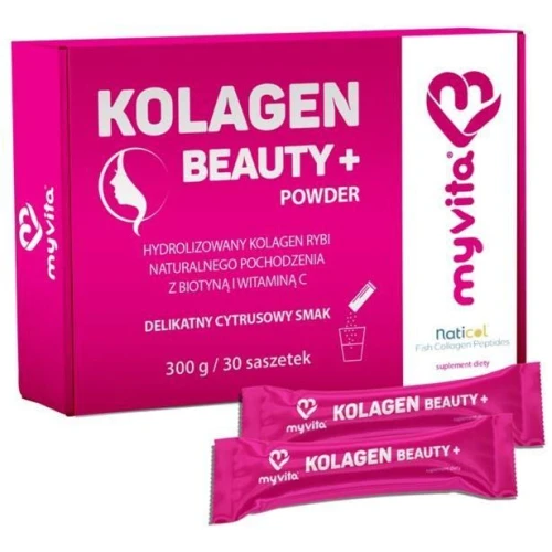 MyVita Kolagen Beauty+ Powder, 300 g - Z kolagenem rybim Naticol®, witaminą C i biotyną