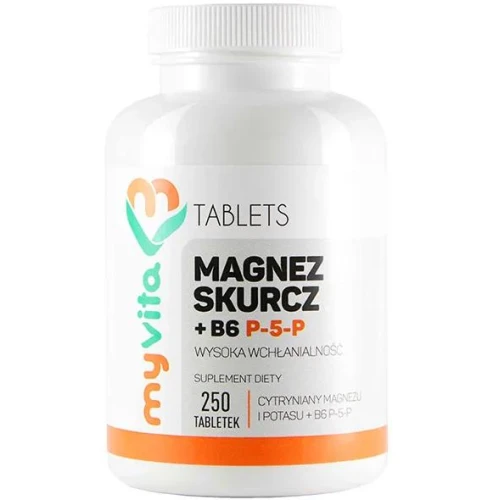 MyVita Magnez skurcz + Witamina B6 P-5-P, 250 tabletek - Cytrynian magnezu oraz potasu i aktywna forma witaminy B6 P-5-P