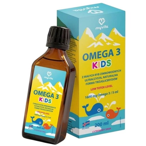 MyVita Omega-3 Kids, 200 ml - Płynny olej rybi z kwasami omega-3 EPA i DHA o cytrynowym smaku