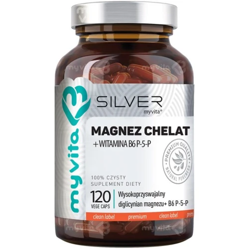 MyVita Silver Magnez Chelat + Witamina B6 P-5-P, 120 kapsułek - Magnez z witaminą B6 wspiera prawidłowe funkcjonowanie układu nerwowego