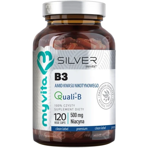 MyVita Silver Witamina B3 Amid Kwasu nikotynowego 500 mg, 120 kapsułek - Bez sztucznych dodatków i wypełniaczy