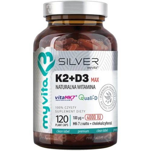 MyVita Silver Witamina K2 + D3 4000 IU Max, 120 kapsułek - Wysoka dawka witamin wspierających zdrowie kości