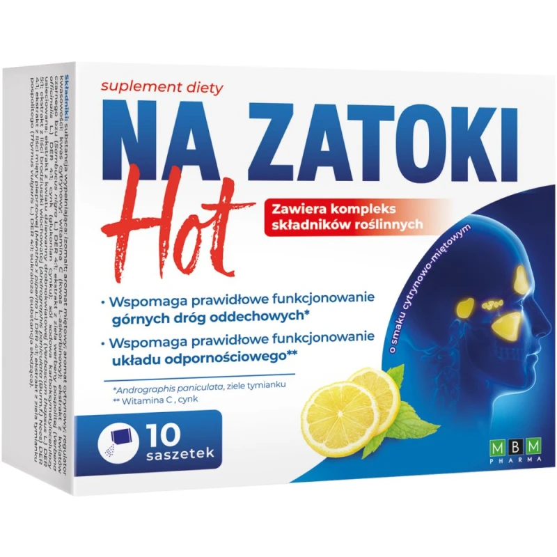 Na zatoki HOT smak cytrynowo-miętowy, 10 saszetek  - Ekstrakty ziołowe wspierające nawilżenie śluzówki