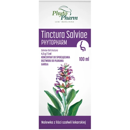 Tinctura Salviae 4,5 g/ 5 ml, koncentrat do sporządzania roztworu do płukania gardła, 100 ml - Nalewka z liści szałwii lekarskiej