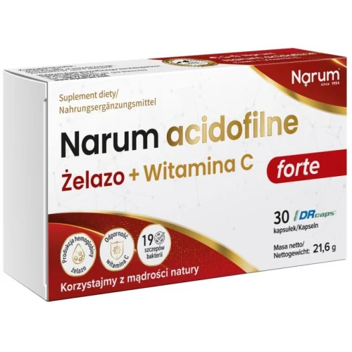 Narum Acidofilne Żelazo + Witamina C, 30 kapsułek - 20 mg żelaza w 1 kapsułce