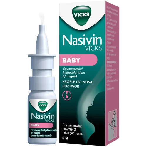 Nasivin Vicks Baby 0,1 mg/ml, krople do nosa 5 ml - Dla niemowląt powyżej 3. miesiąca życia do ukończenia 1. roku życia