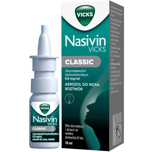 Nasivin Vicks Classic 0,5 mg/ml, aerozol do nosa, 10 ml - Roztwór z oksymetazoliną dla dorosłych i dzieci w wieku powyżej 6. roku życia.