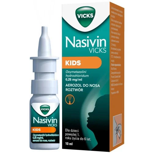 Nasivin Vicks Kids 0,25 mg/ml, aerozol do nosa 10 ml - Dla dzieci od 1. do 6. roku życia – zmniejsza obrzęk, odtyka nos, ułatwia oddychanie