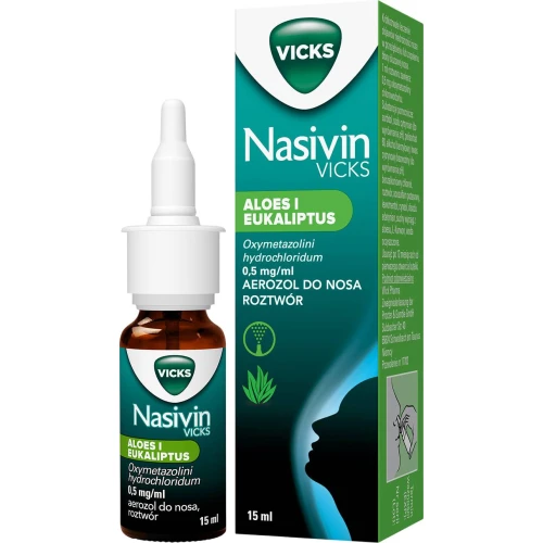 Nasivin Sinex Aloes i Eukaliptus, 0,5 mg/ml, aerozol do nosa, 15 ml - Łagodzi objawy niedrożności nosa u dorosłych i dzieci powyżej 6. roku życia