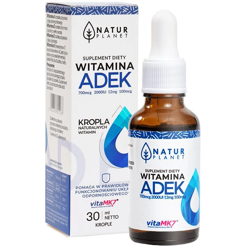 Natur Planet Witamina ADEK w kroplach, 30 ml - Kompozycja najważniejszych witamin rozpuszczalnych w tłuszczach