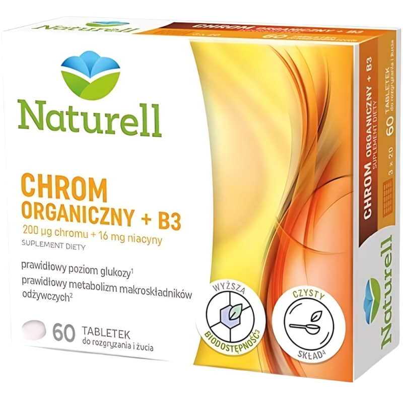 Naturell Chrom Organiczny + B3 tabletki, 60 sztuk - Pomagają w utrzymaniu prawidłowego poziomu glukozy