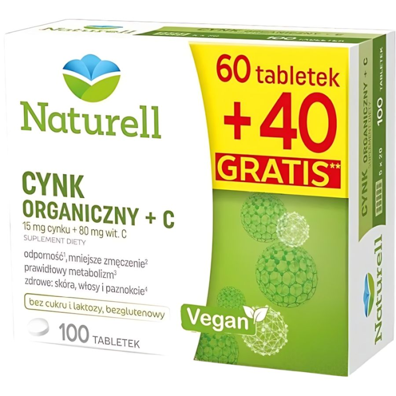 Naturell Cynk organiczny + C, 100 tabletek - Z cynkiem i witaminą C