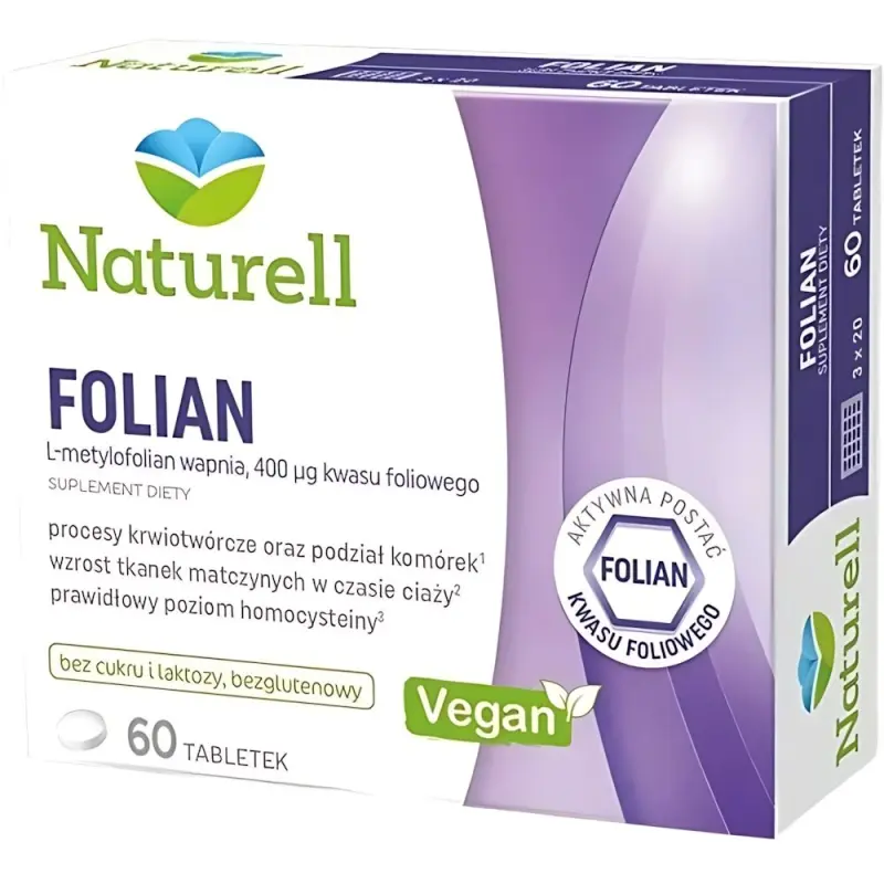 Naturell Folian, 60 tabletek - Które zawierają aktywną formę kwasu foliowego w postaci L-metylofolianu wapnia