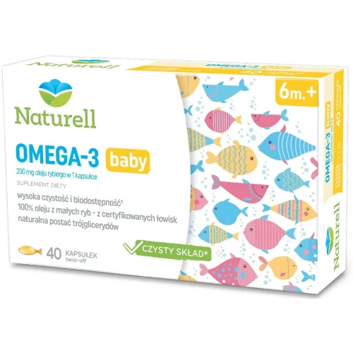 Naturell Omega 3 Baby dla niemowląt powyżej 6m+, 40 kapsułek twist-off - DHA bez substancji wypełniających, barwników i konserwantów