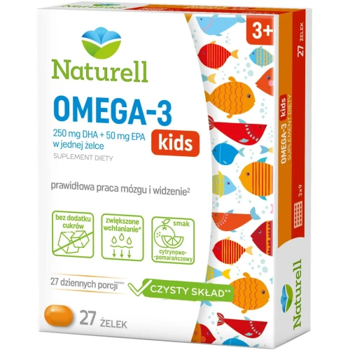 Naturell Omega-3 Kids 3+,  smak cytrynowo-pomarańczowy, 27 żelek - DHA i EPA dla dzieci powyżej 3. roku życia