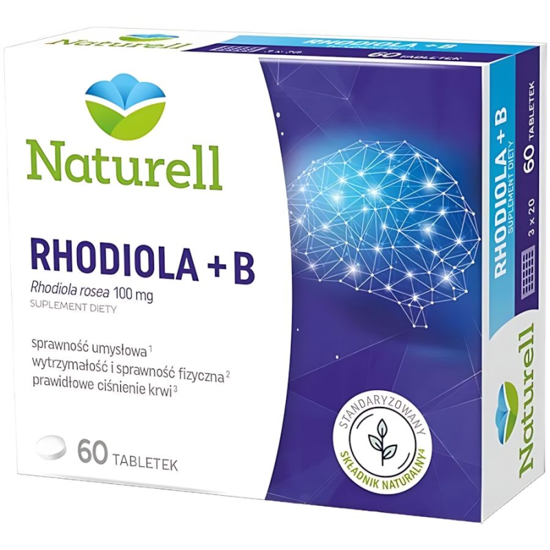 Naturell Rhodiola + B, 60 tabletek - Z różeńcem górskim,  który wspomaga sprawność fizyczną i umysłową