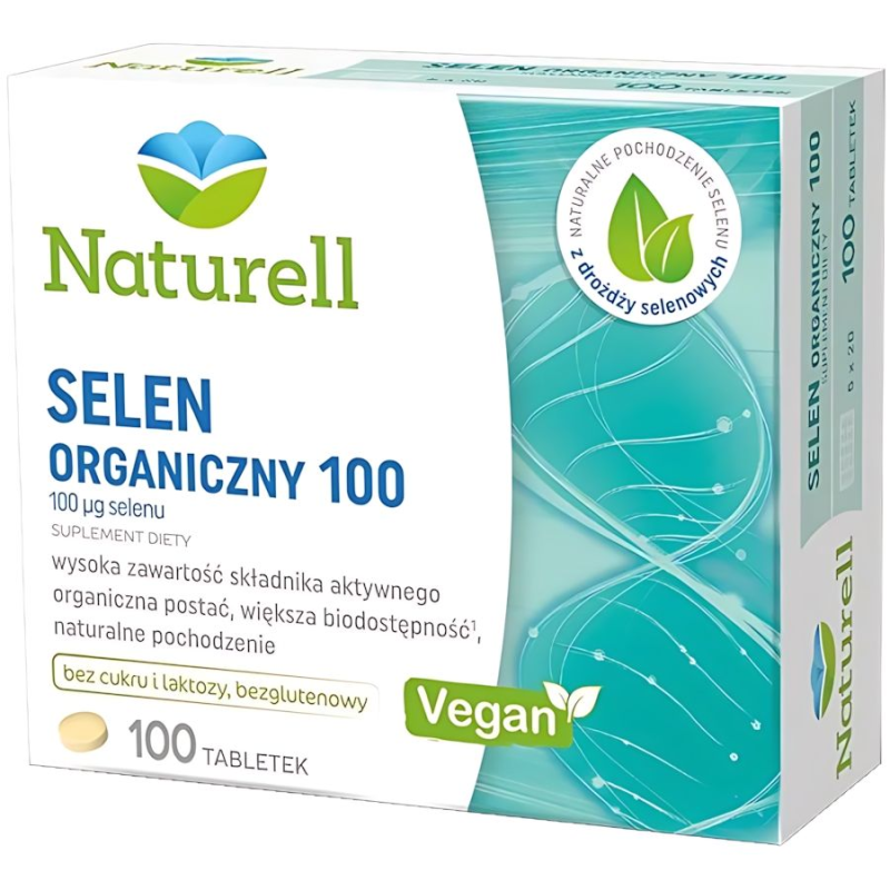 Naturell Selen Organiczny 100, 100 tabletek  - Dobrze przyswajalny selen z drożdży, tabletki z selenem na włosy