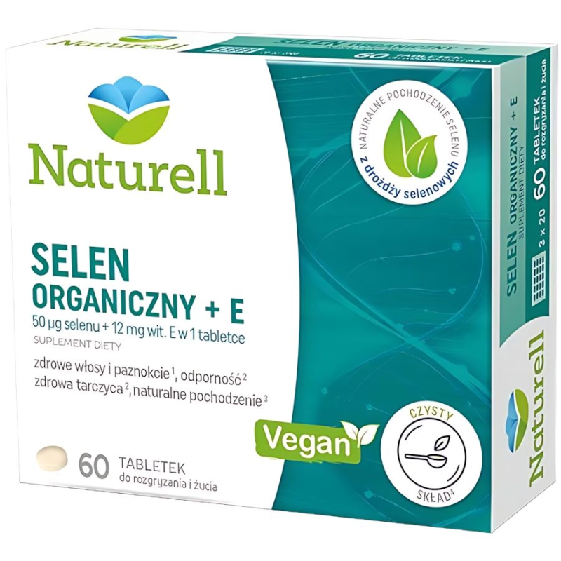 Naturell Selen Organiczny + E, 60 tabletek do ssania  - Wspiera prawidłowe funkcjonowanie układu odpornościowego i tarczycy