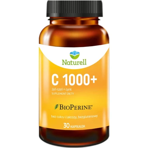 Naturell C 1000+, 30 kapsułek - Z buforowaną, łagodną dla żołądka witaminą C, cynkiem, żeń-szeniem i BioPerine