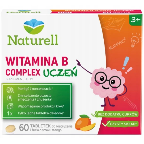 Naturell Witamina B Complex Uczeń, 60 tabletek do rozgryzania i żucia - Kompleks 7 witamin z grupy B dla dzieci od 3. roku życia