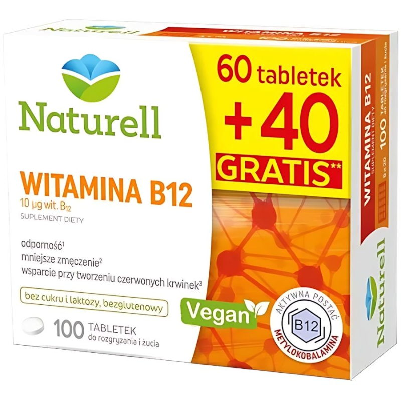 Naturell Witamina B12 10 µg, 100 tabletek do żucia - Bez cukru i laktozy oraz glutenu z aktywną formą witaminy B12