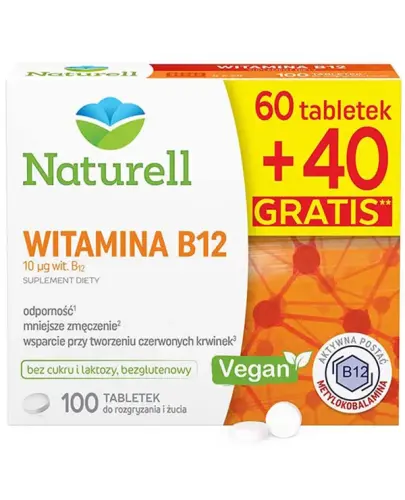 Naturell Witamina B12 10 µg, 100 tabletki do żucia - Bez cukru i laktozy oraz glutenu z aktywną formą witaminy B12