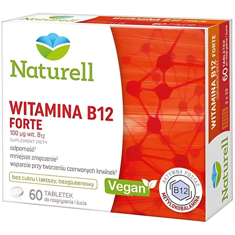 Naturell Witamina B12 Forte, 100 µg, 60 tabletek - Do rozgryzania i żucia, bez cukru i laktozy oraz glutenu z aktywną formą witaminy B12 