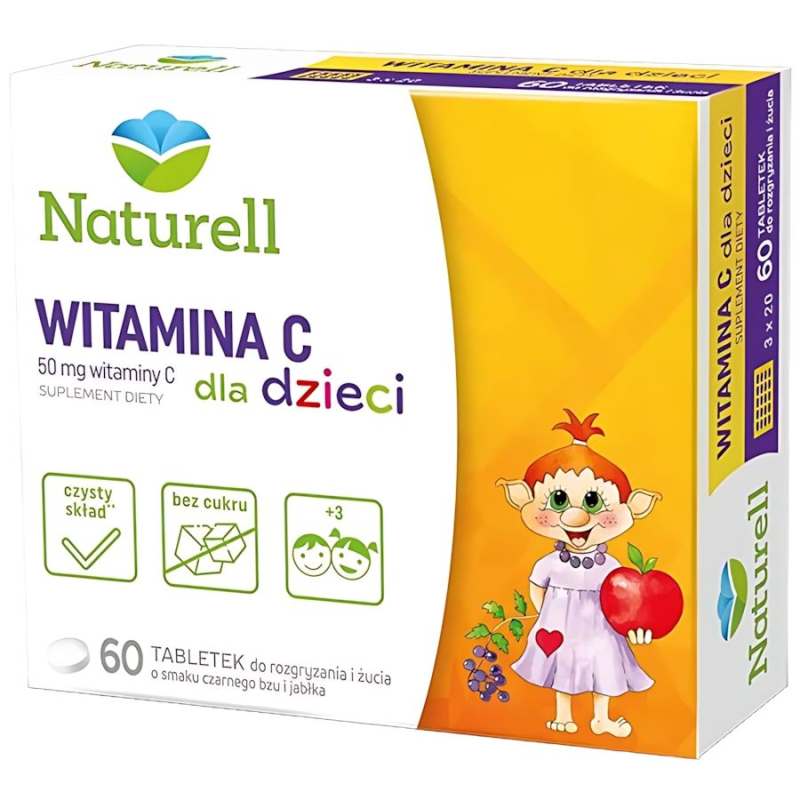 Naturell Witamina C 50 mg dla dzieci, 60 tabletek do rozgryzania i żucia - O smaku czarnego bzu i jabłka