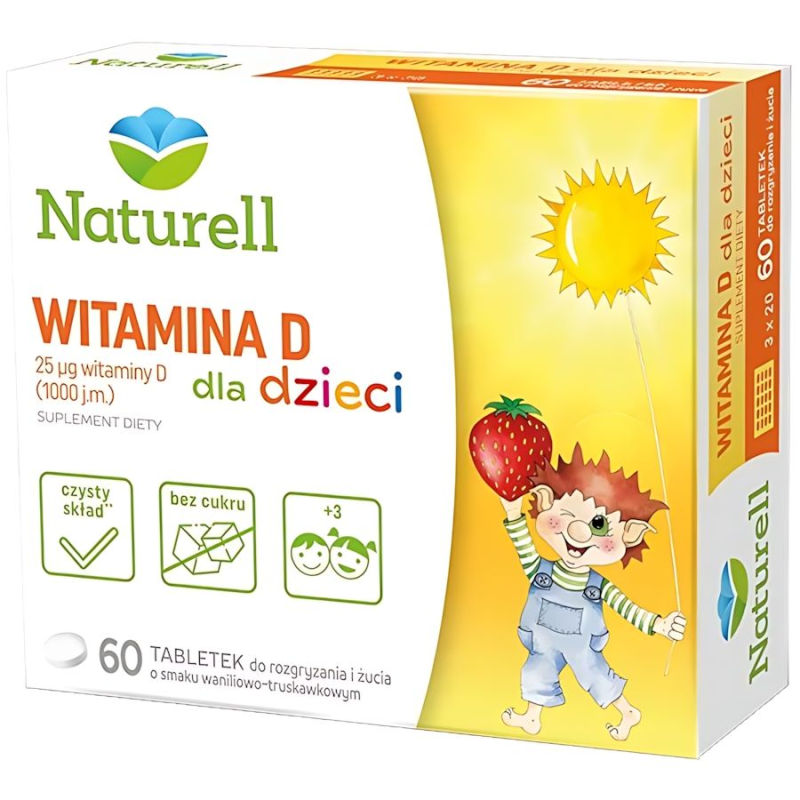 Naturell Witamina D dla dzieci, 60 tabletek - Do żucia i rozgryzania o smaku waniliowo-truskawkowym
