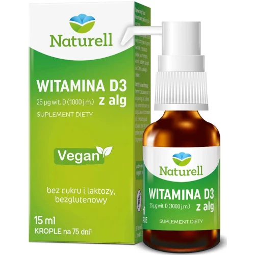 Naturell Witamina D3 z Alg 1000 j.m., krople 15 ml - Bez cukru w oleju MCT z kokosa