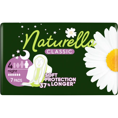 Naturella Classic Night Camomile Podpaski ze skrzydełkami, 7 sztuk - Wydłużona ochrona na noc