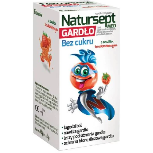 Natursept Med Gardło, smak truskawkowy, 6 lizaków - Powlekają błonę śluzową gardła ochronnym filmem i łagodzą ból 