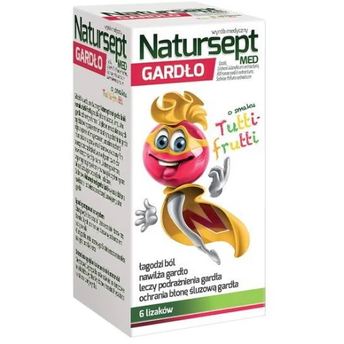 Natursept Med Gardło, smak tutti frutti, 6 lizaków - Powlekają błonę śluzową gardła ochronnym filmem i łagodzą ból 