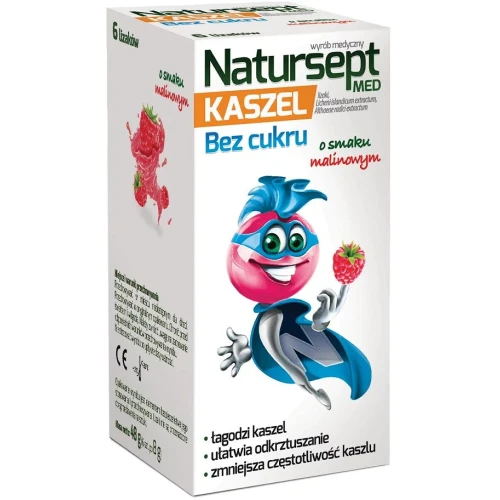 Natursept Med Kaszel bez cukru, smak malinowy, 6 lizaków - Powlekają błonę śluzową gardła ochronnym filmem i łagodzą kaszel
