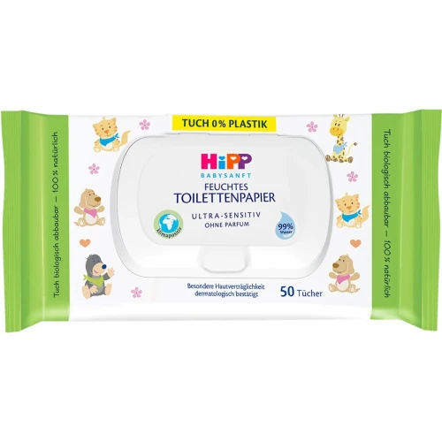 HiPP Nawilżany papier toaletowy, 50 sztuk - Biodegradowalny i rozpuszczalny w wodzie papier nawilżany